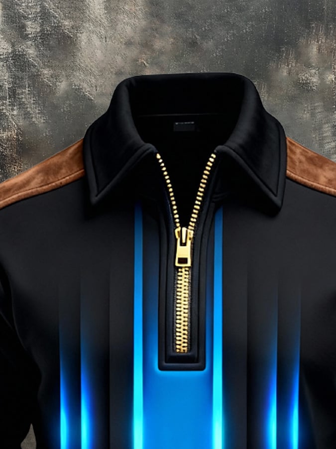 para hombre retro en bloques de color Print Zipper Sweacamiseta