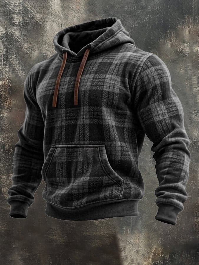 Sudadera retro desgastado a cuadros estampado casual de manga larga para hombre