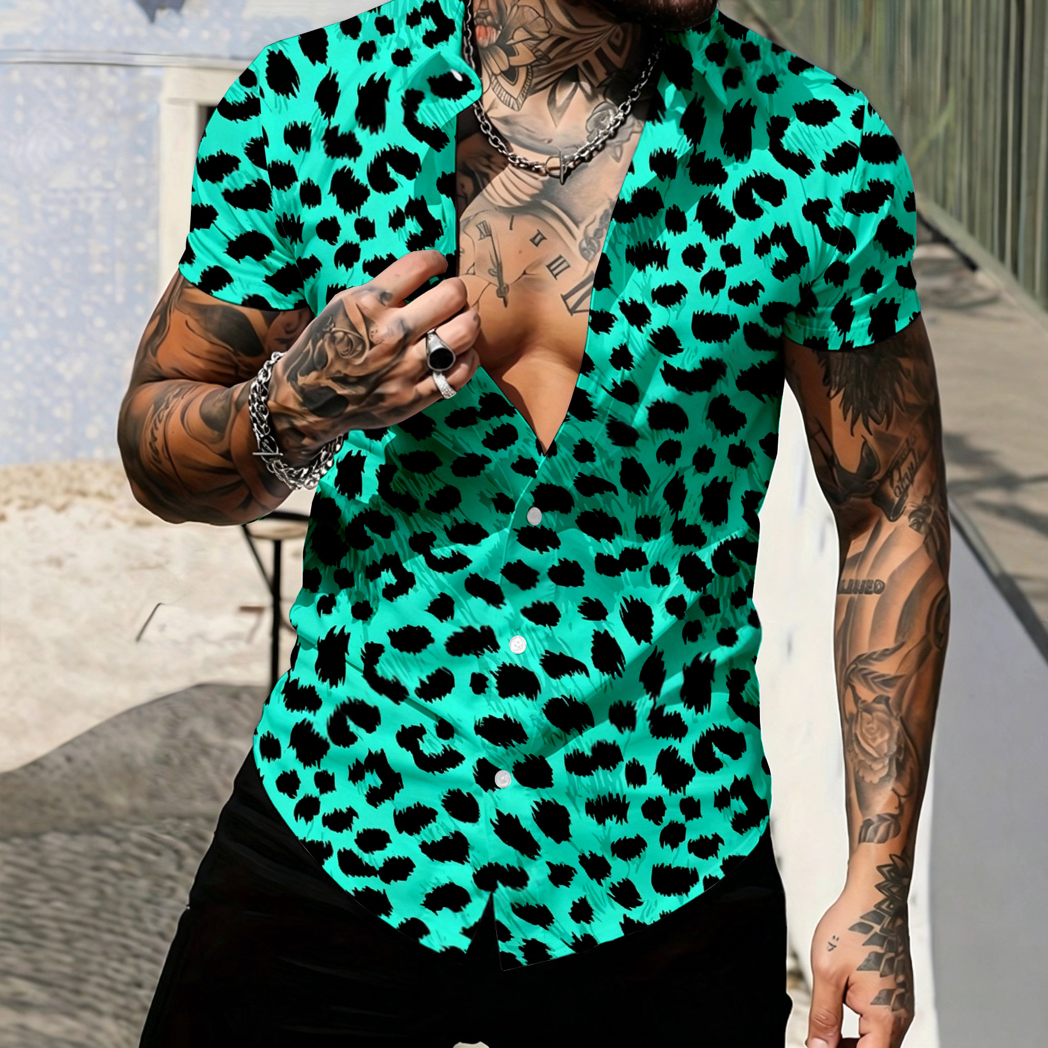 Camisa casual Green Leopard-estampado de manga corta para hombre