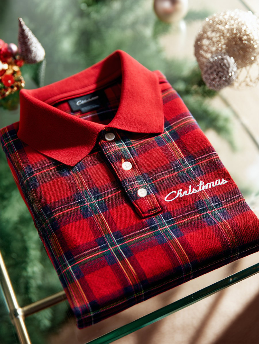 Camisa polo Christmas a cuadros de manga larga para hombre