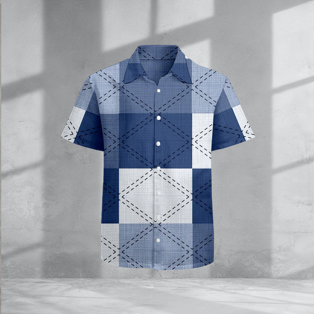 Casual Lapel Denim Blue Color Matching Checked estampado de manga corta camisas para hombre