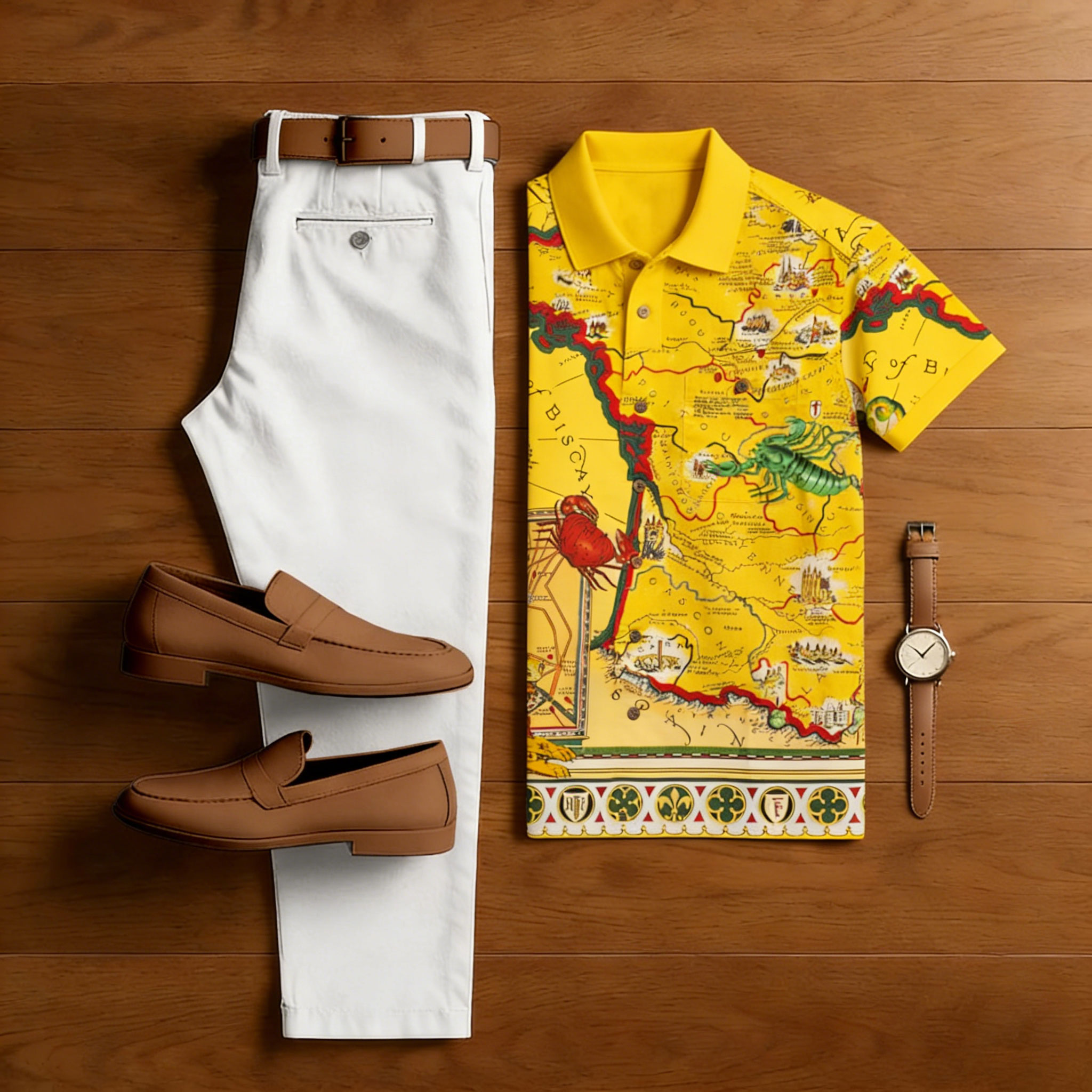 Conjunto de dos piezas casual Yellow estampado camisa polo And pantalón para hombre