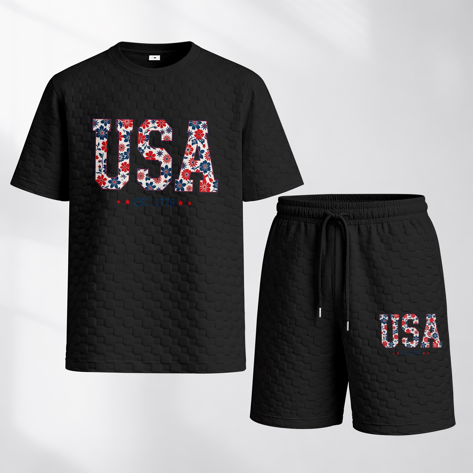 Camisa Spring/Summer USA-estampado a cuadros Drawstring shorts Set—A casual summer outfit featuring a de manga corta and shorts, ideal for both everyday wear and athletic activities para hombre