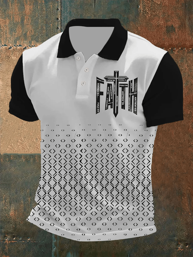 Camisa polo retro Faith casual estampado para hombre