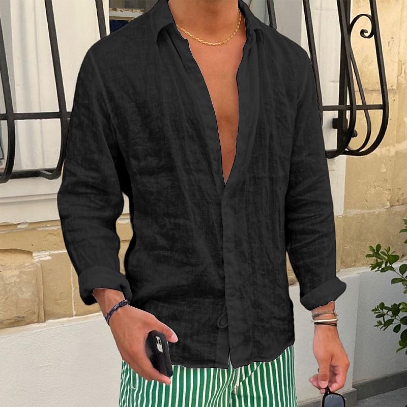 Camisa de lino camisa Summer camisa Beach camisa Plain casual para uso diario Black White Pink Royal Blue de manga larga solapa Spring & Summer Clothing Apparel para hombre - vista 7