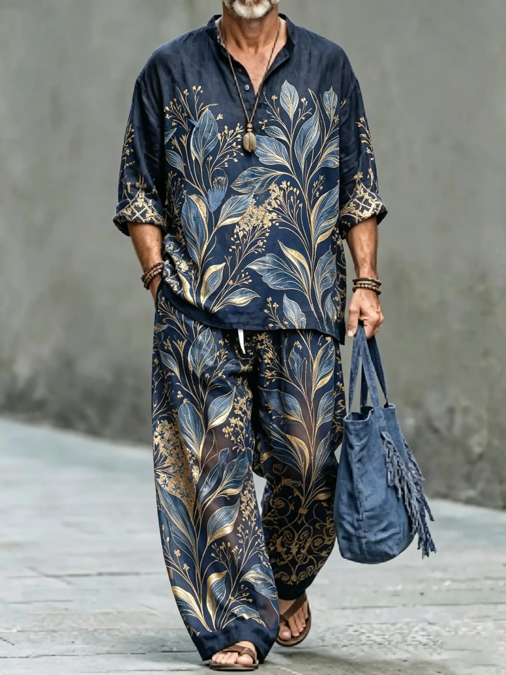 para hombre vintage Abstract Art estampado de algodón camisa Set (Top & pantalón)