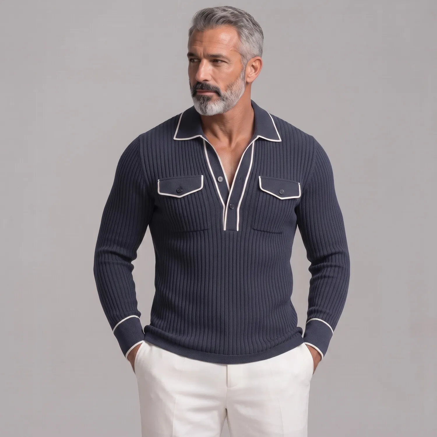 para hombre Ribbed tejido Contrast Piping Chest Pockets de corte entallado de manga larga camisa polo