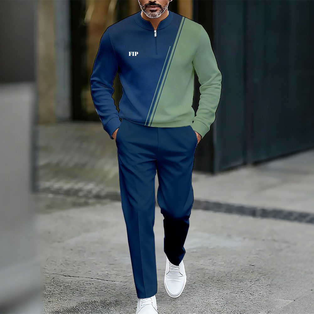 Conjunto de dos piezas casual Color Matching estampado Round-Neck Zipper de manga larga Trousers para hombre