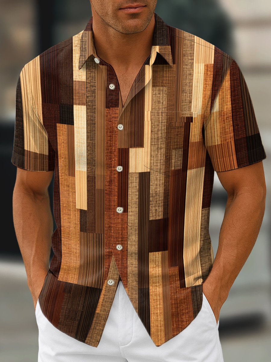 Camisa retro geométrico Art estampado solapa de manga corta para hombre