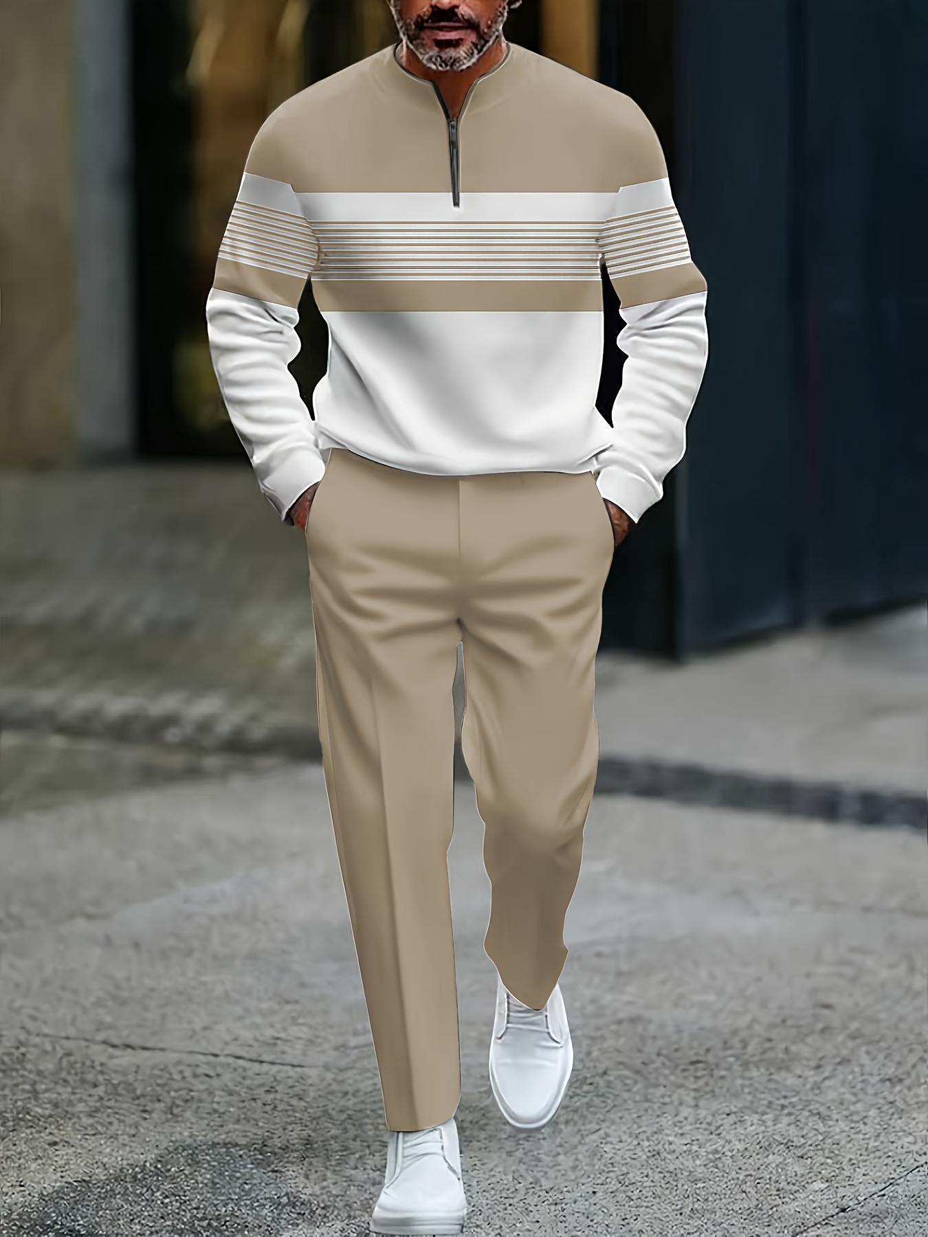 para hombre casual White & Khaki Color Matching Geometric estampado Round-Neck Zipper de manga largad Tops & Trousers conjunto de dos piezas