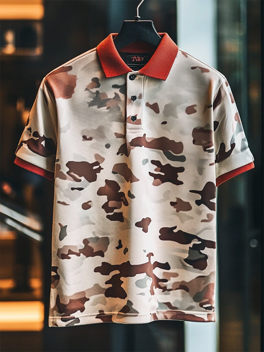 Camisa polo casual ejecutivo camuflaje estampado Button de manga corta para hombre