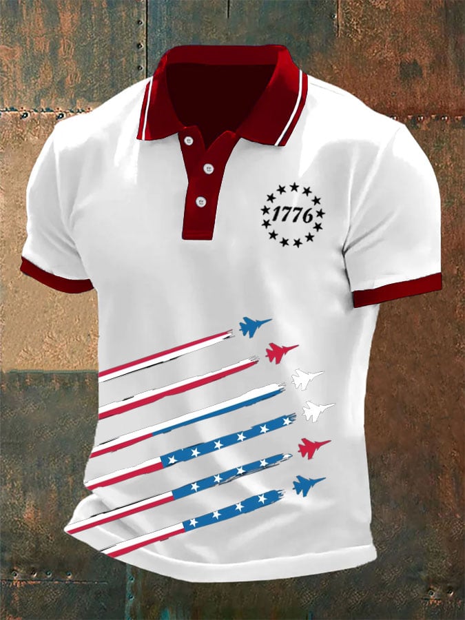 Camisa polo Independence Day retro Flag Fighter diseño para hombre