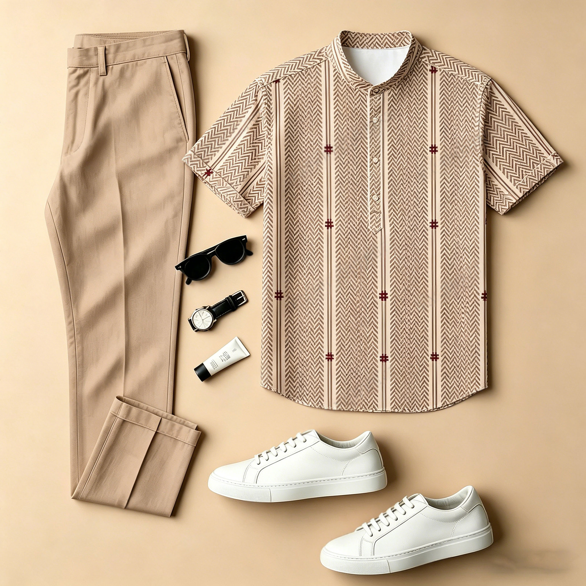 Conjunto de dos piezas casual Brown Color-Blocked estampado Crew Neck de manga corta camisa And Trousers para hombre