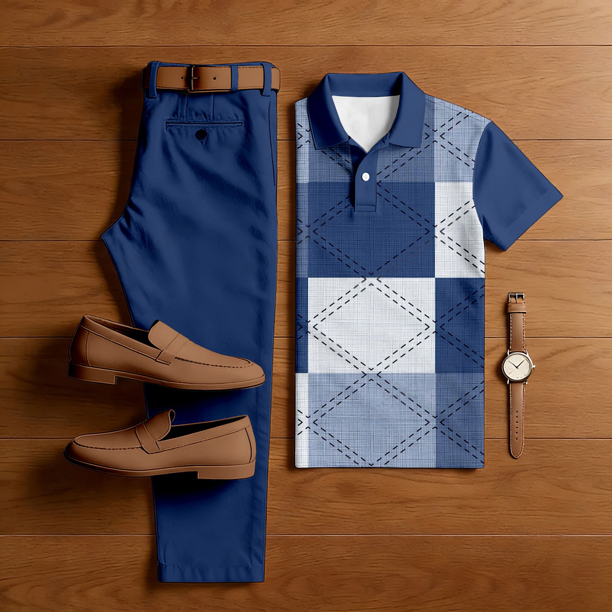 Conjunto de dos piezas casual Navy Blue a cuadros estampado de manga corta camisa And shorts para hombre