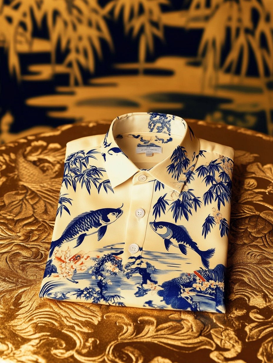 Camisa de lujo clásico Ukiyo-e de manga larga para hombre