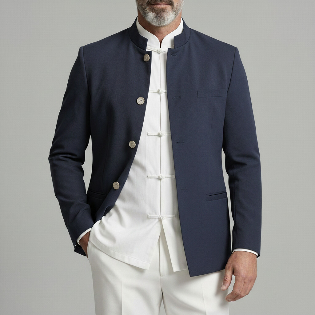 Chaqueta Mandarin Collar Welt Pockets Single Breasted de color sólido para hombre