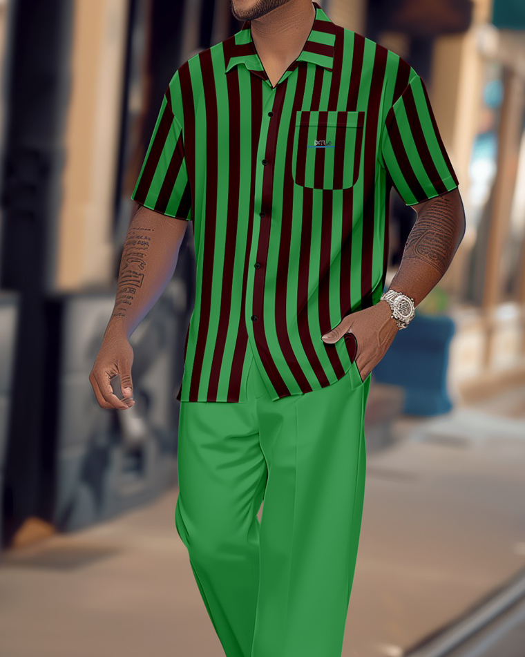 Camisa retro green a rayas de manga corta walking suit 1640 para hombre