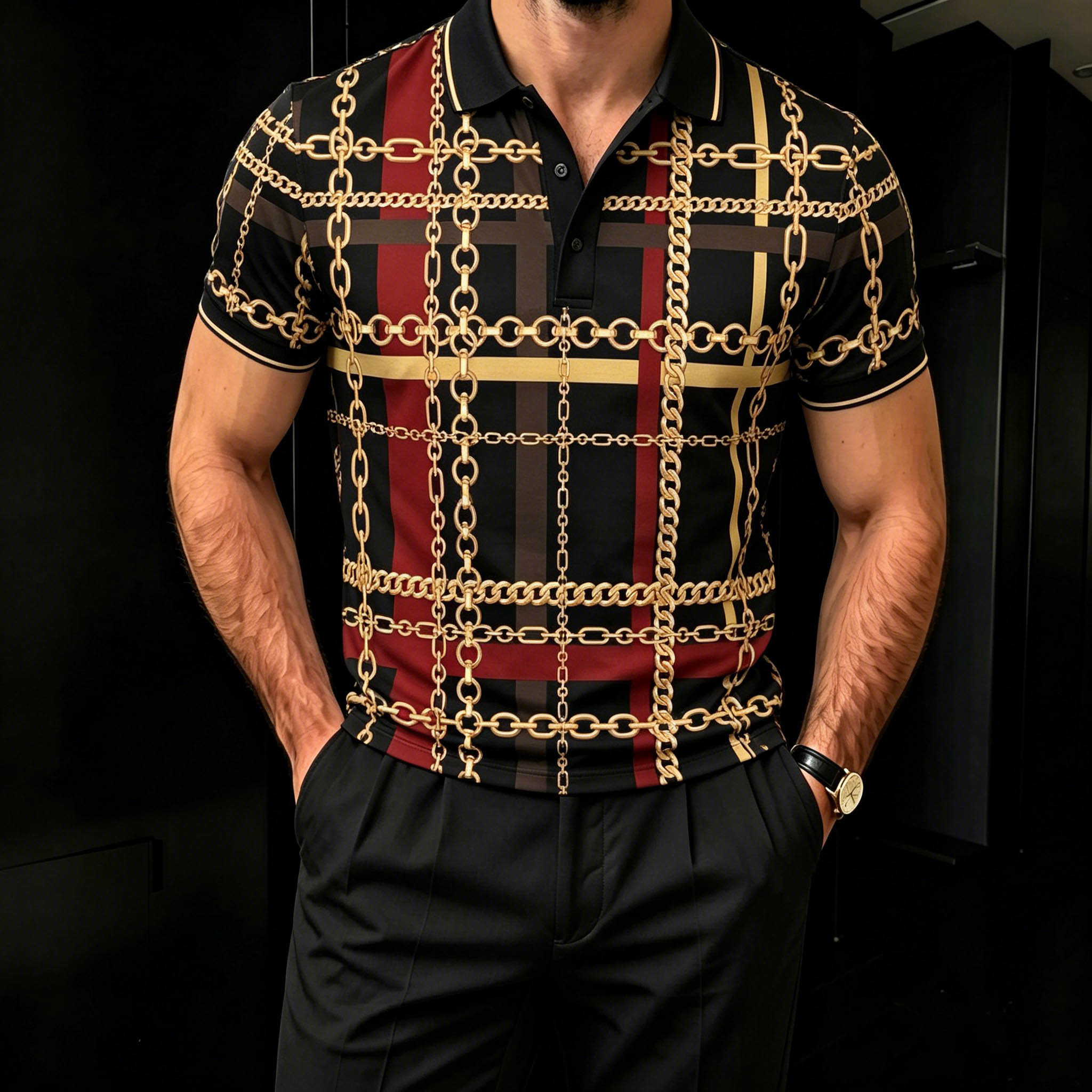 Camisa polo casual Geometric Splicing Of Chains estampado de manga cortas para hombre