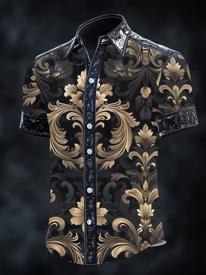 Camisa vintage Dark Baroque estampado de manga corta para hombre