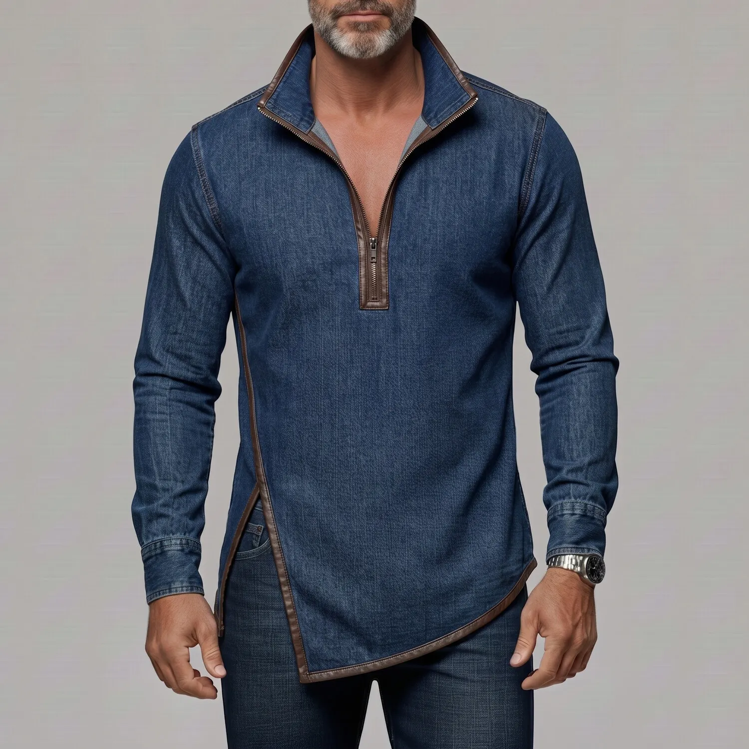 para hombre Denim Stand Collar Contrast PU Leather Trim Side Slit Half Zip de corte entallado Sweacamiseta