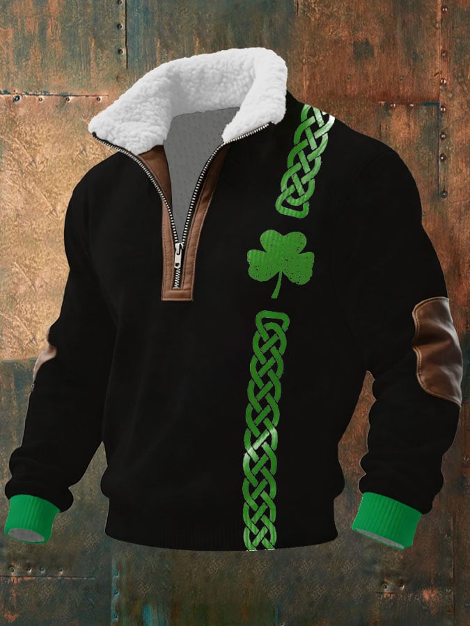 Sudadera vintage St. Patrick's Day estampado de manga larga With Fur cuello para hombre