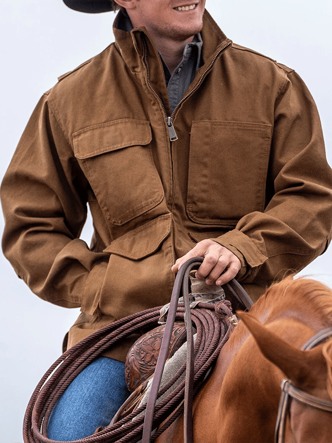 Chaqueta retro Western Colorblock Multi-bolsillo para exterior Outer para hombre