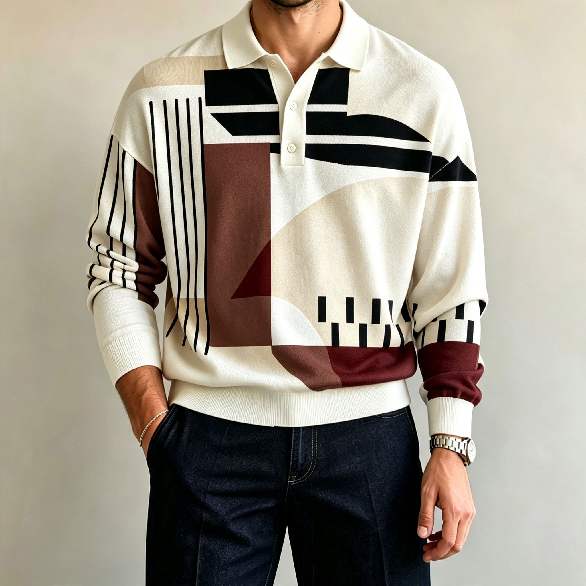 para hombre Two-Tone de manga larga camisa polo