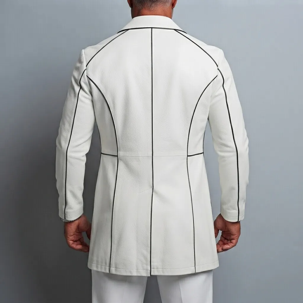 para hombre White PU Leather Notched Lapel Contrast Piping de manga larga Mid鈥怢ong Single Breasted Trench Coat
