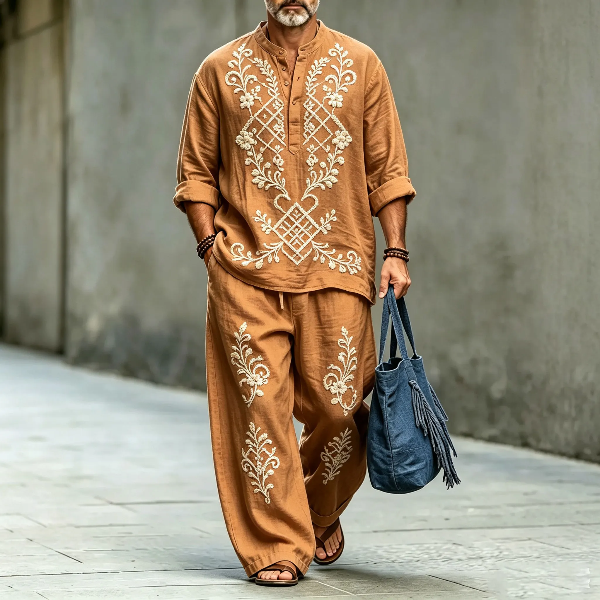 para hombre Symmetrical Print Stand-Collar camisa polo and Long pantalón Two-Piece Suit Set