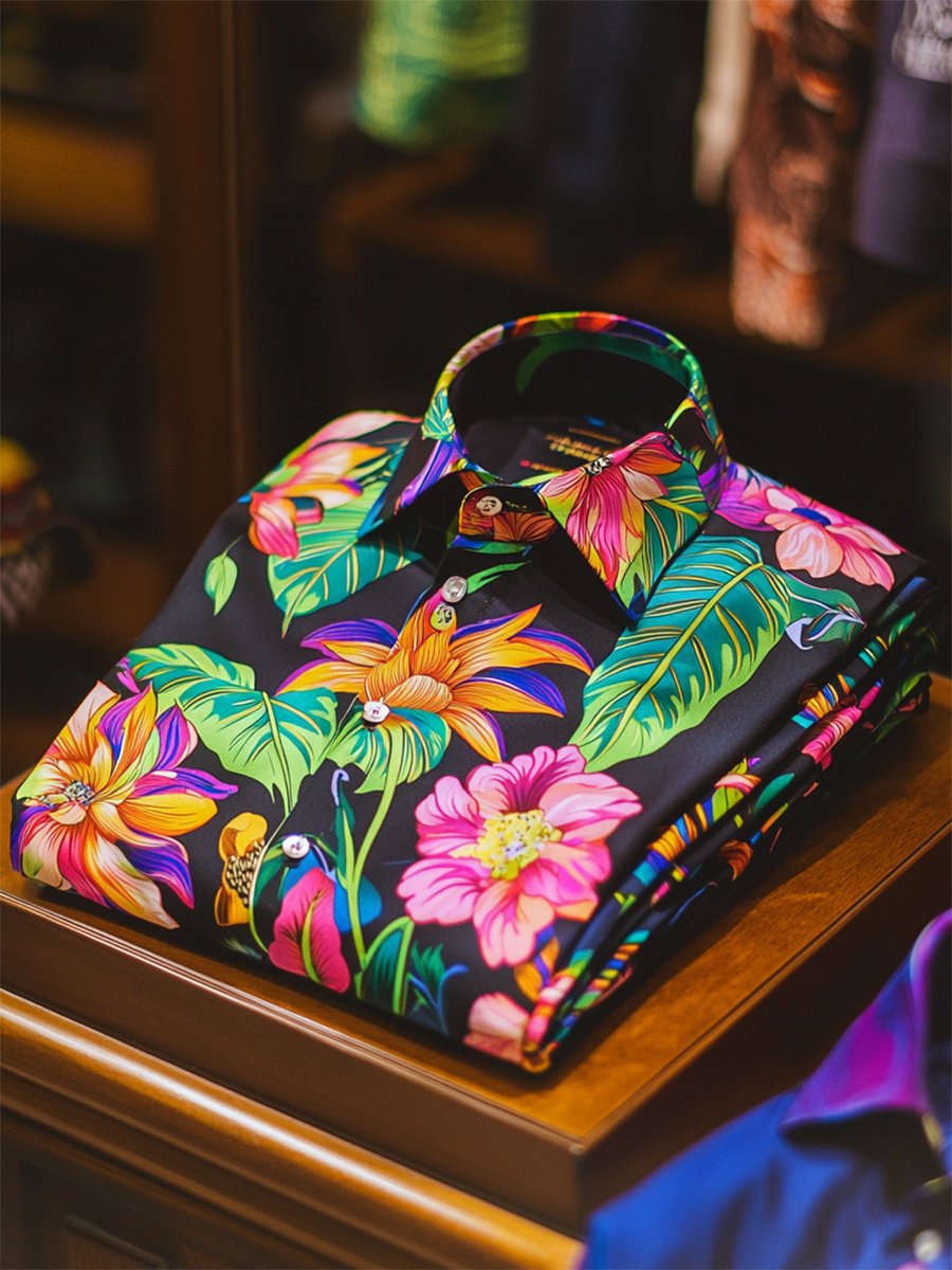 Camisa satén Luxe hawaiano estampado de manga corta Button para hombre