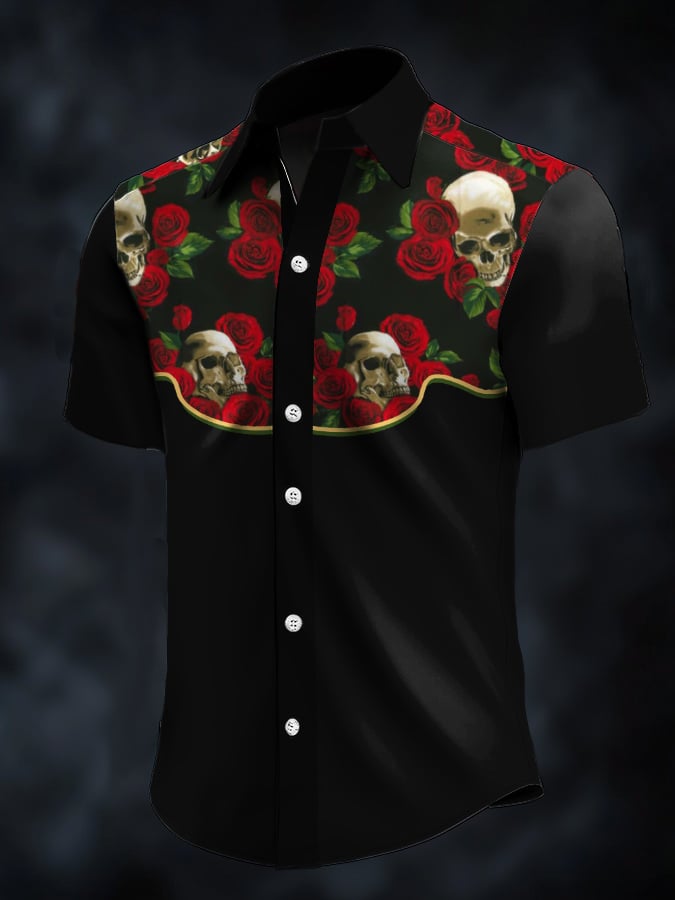 Camisa retro Western Contrast estampado de manga corta casual para hombre