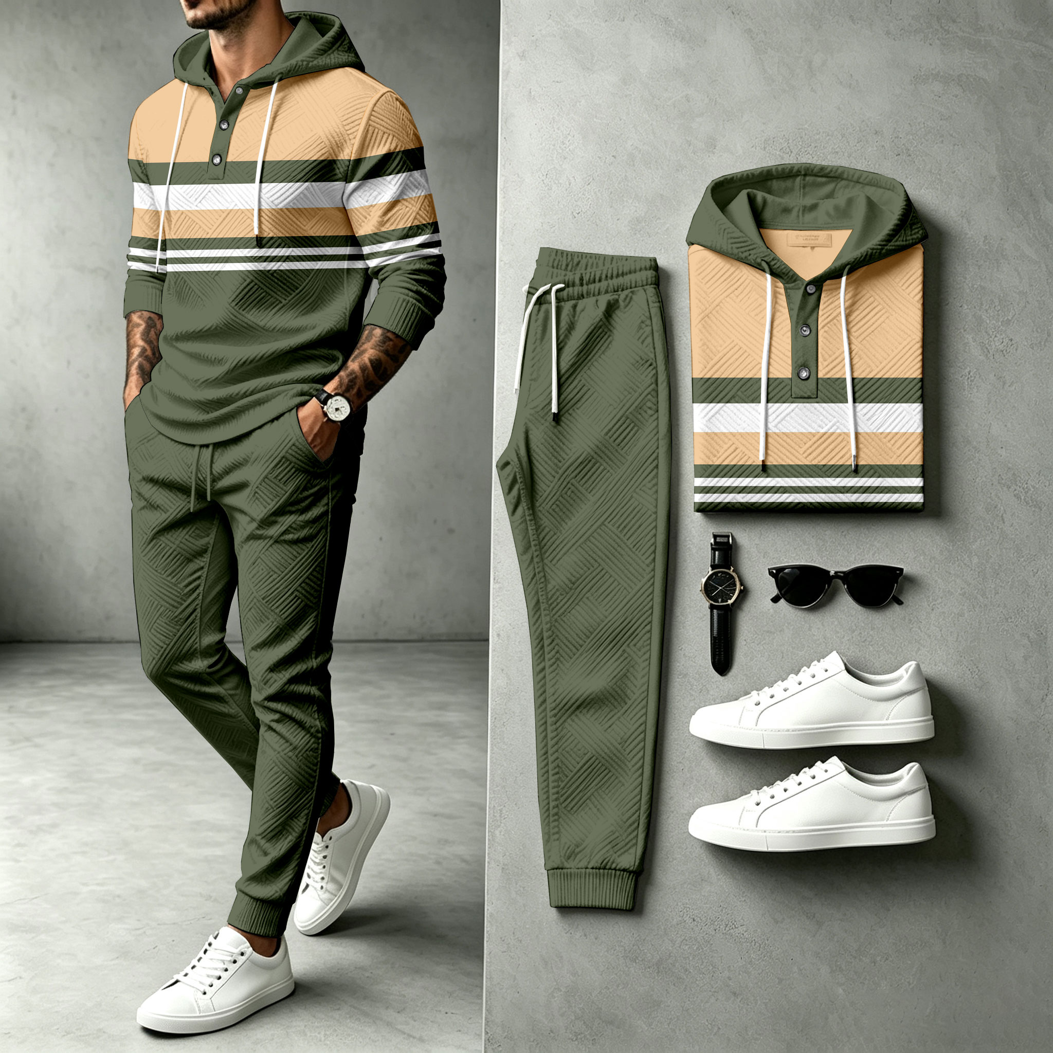 para hombre a rayas Patchwork Hooded Sweacamiseta and pantalón Set