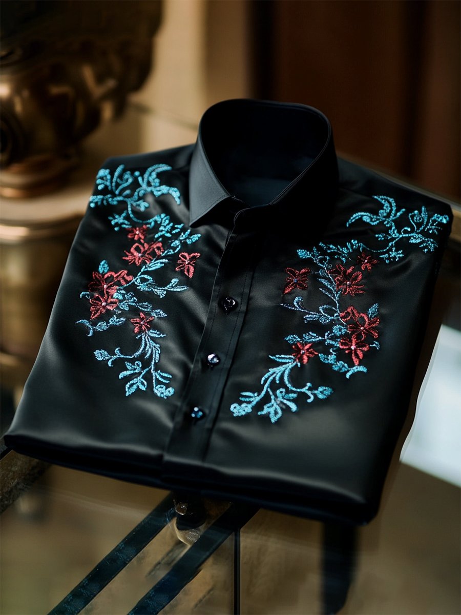 Camisa satén de lujo vintage ejecutivo de manga larga para hombre