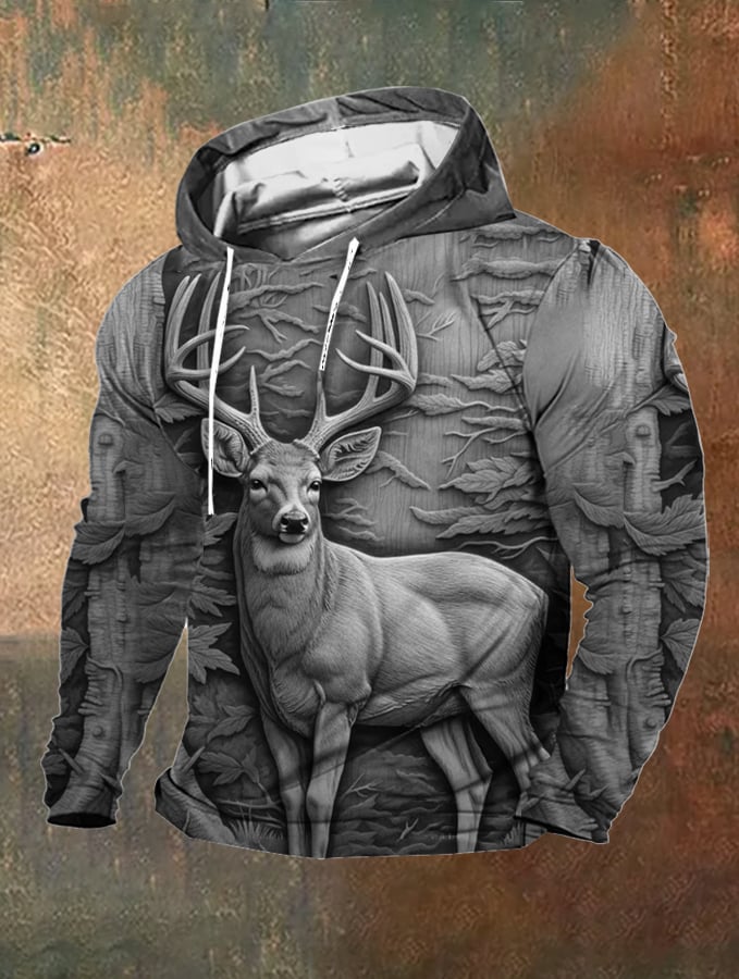 para hombre retro para exterior 3D Engraved Deer Hunting Print Hooded Sweacamiseta
