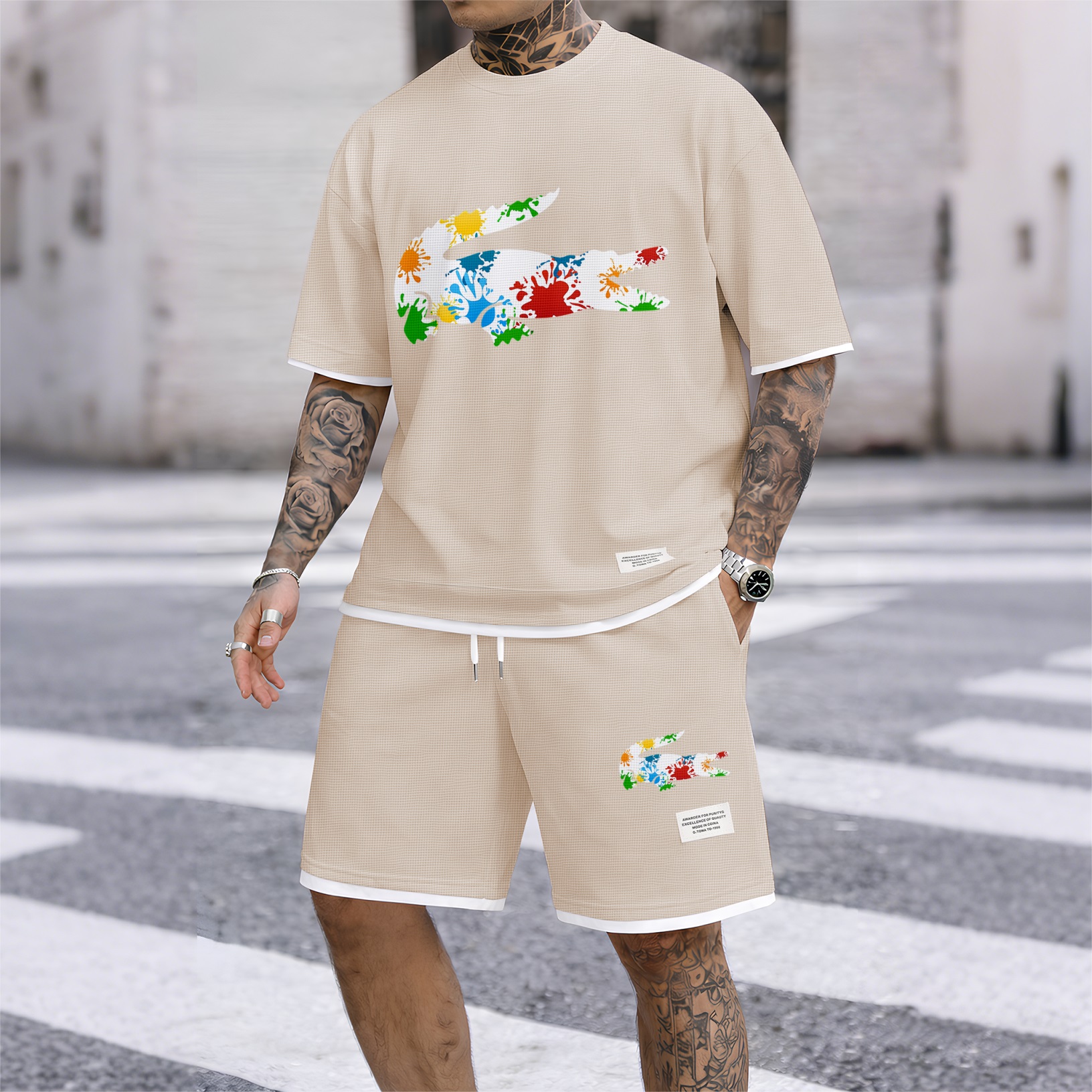 Camisa de lujo tejido tipo waffle de manga corta & shorts Set 17 para hombre