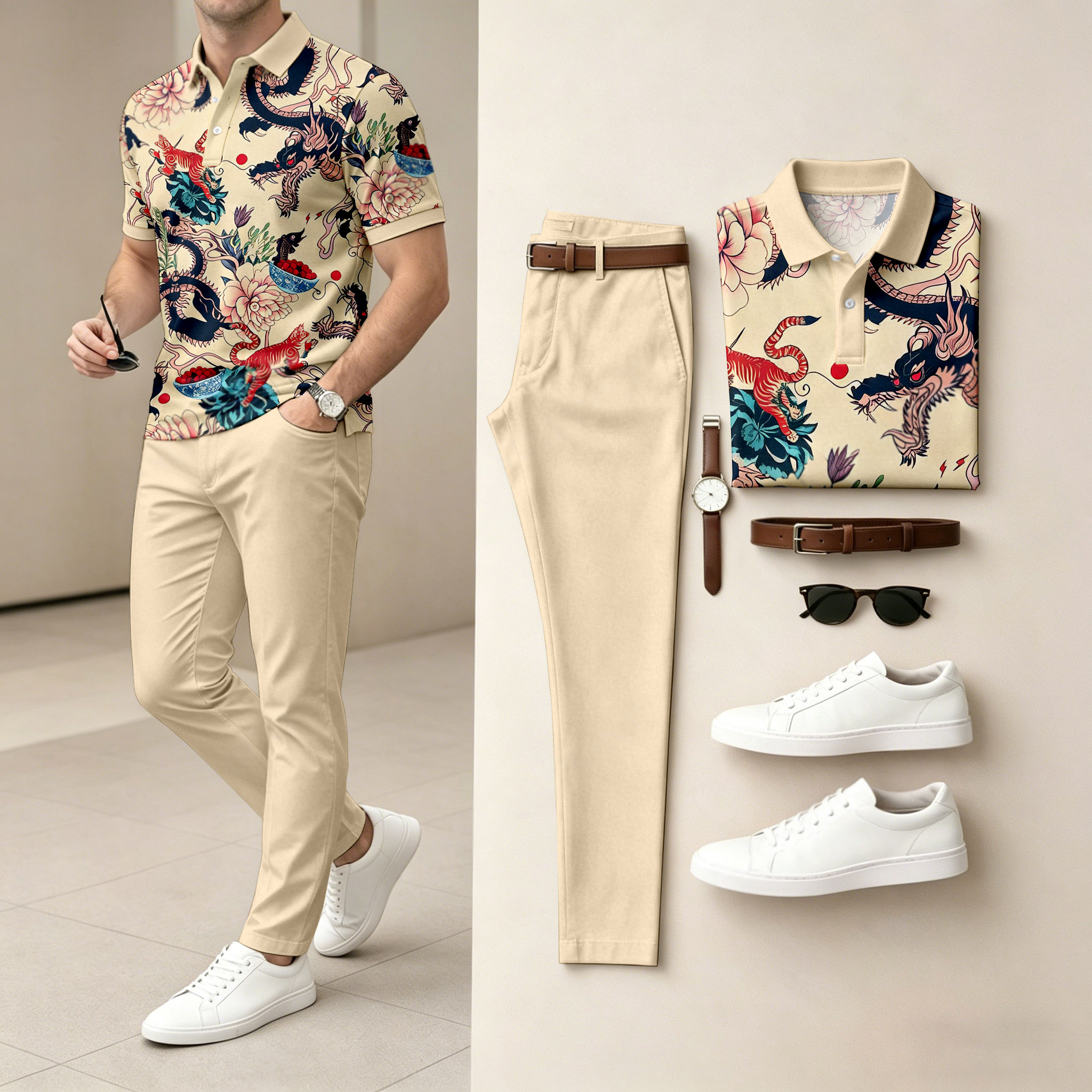 Camisa polo casual Dragon-Tiger And Peony estampado de manga corta And pantalón Set (Excludes Accessories Such As Watches And Belts) para hombre