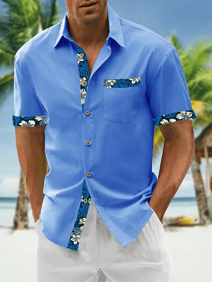 Camisa Resort Style Contrast estampado casual de manga corta para hombre