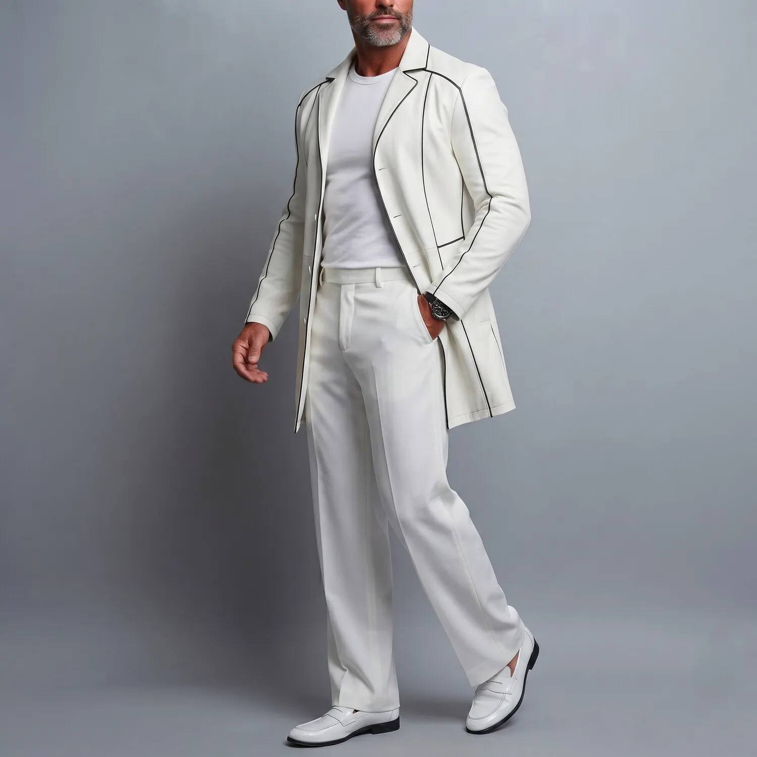 para hombre White PU Leather Notched Lapel Contrast Piping de manga larga Mid鈥怢ong Single Breasted Trench Coat
