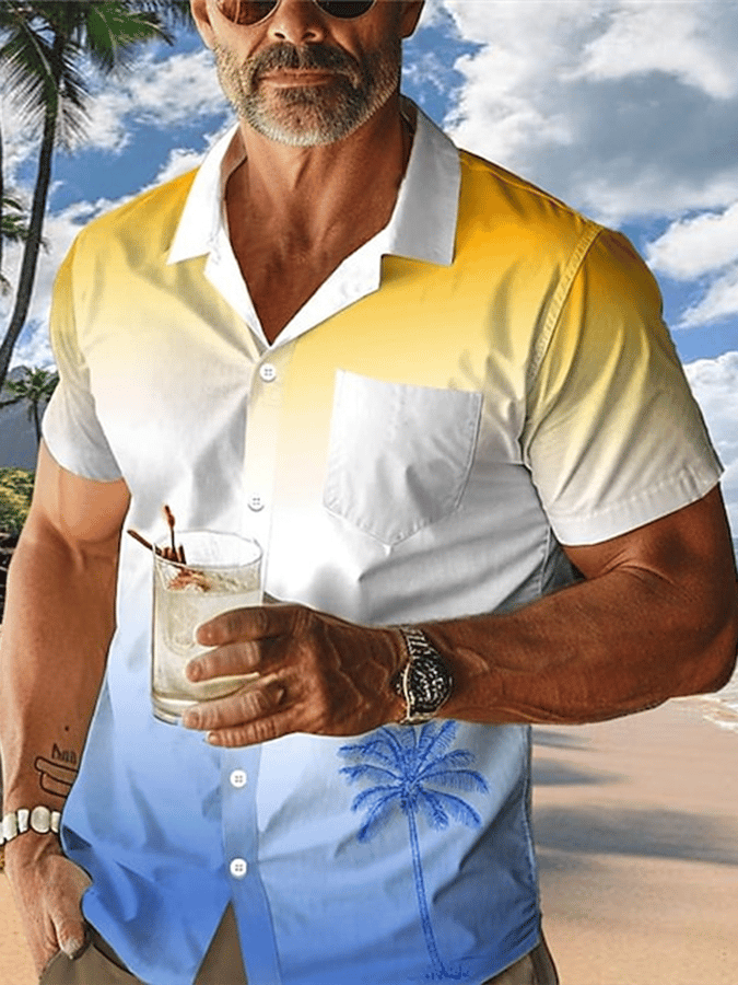 Camisa Palm Tree Gradient Resort Hawaiian estampado casual de manga corta para hombre