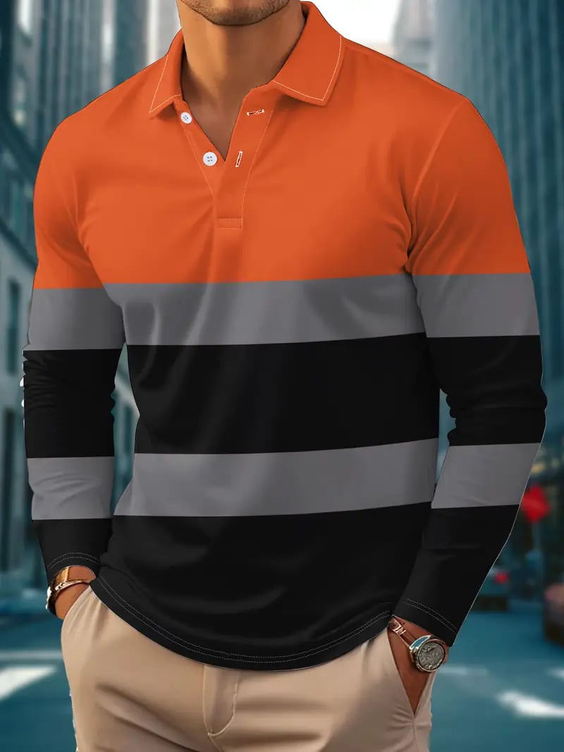 Camisa polo retro ejecutivo estampado de manga larga para hombre