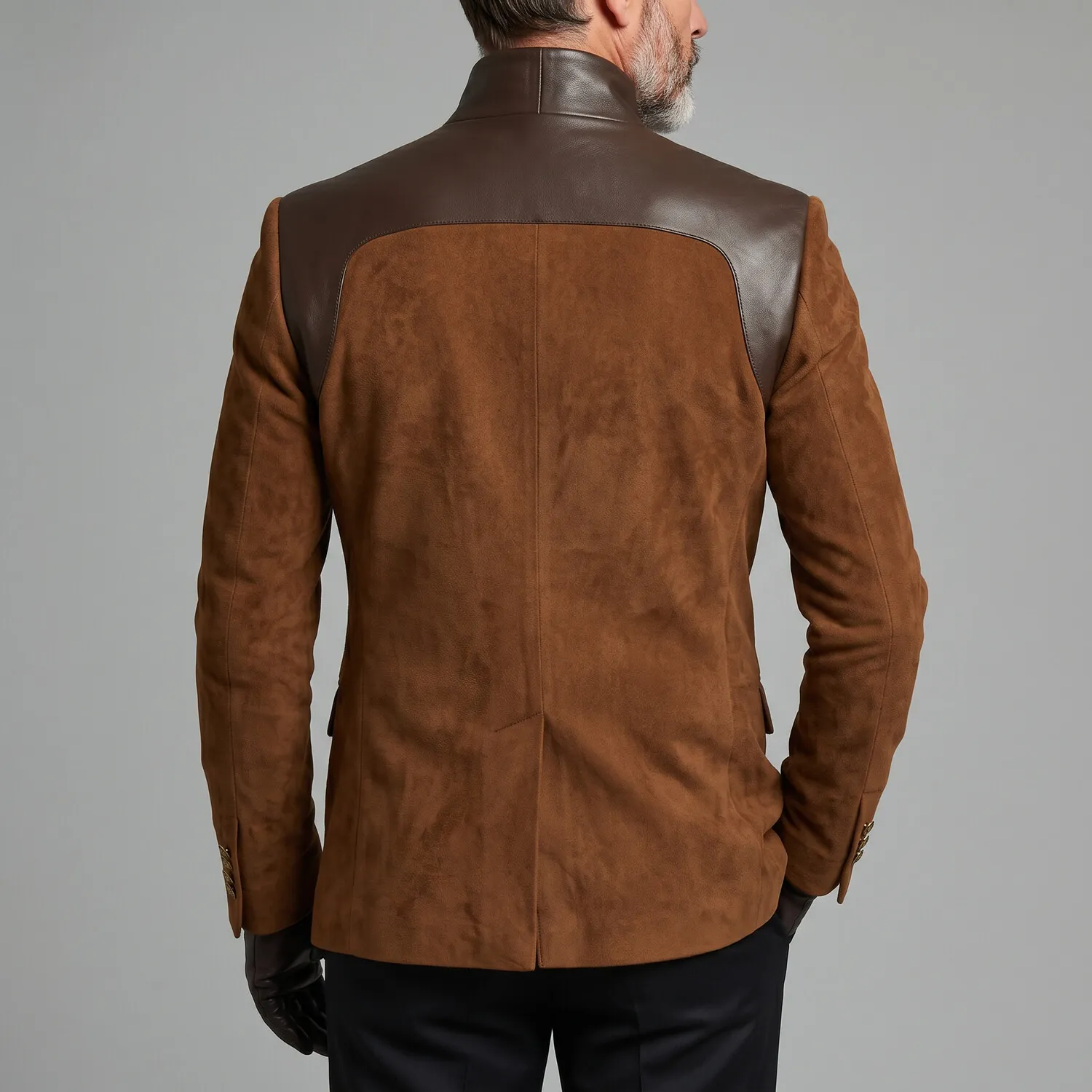 para hombre vintage Asymmetric Oblique Button PU Leather Contrast Spliced Suede Stand Collar de manga larga chaqueta