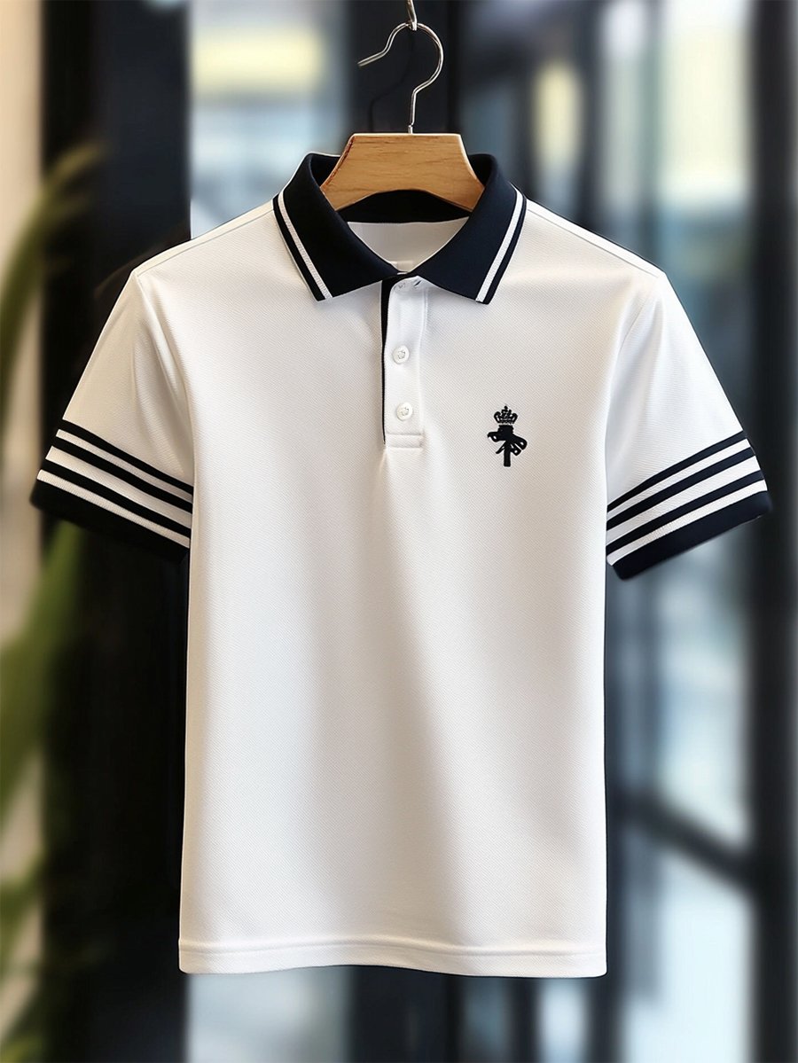 Camisa polo ejecutivo rayas Logo con botones de manga corta para hombre
