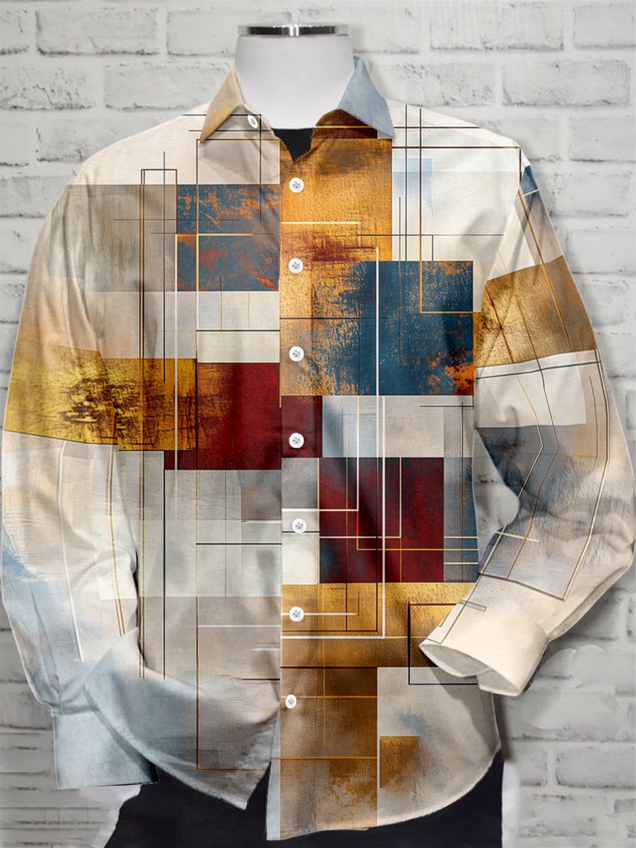 Camisa retro casual geométrico Art de manga larga para hombre