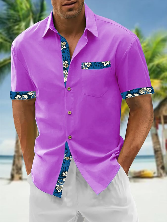Camisa Resort Style Contrast estampado casual de manga corta para hombre