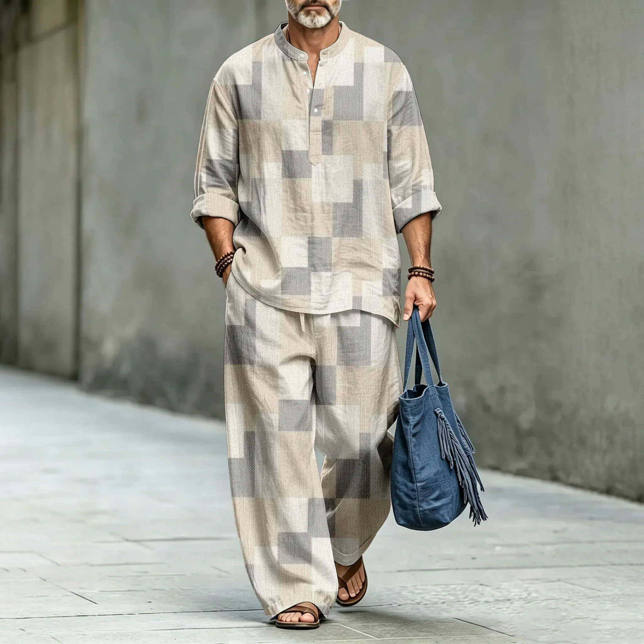 para hombre Stand-Collar camisa polo and Long pantalón Two-Piece Suit Set