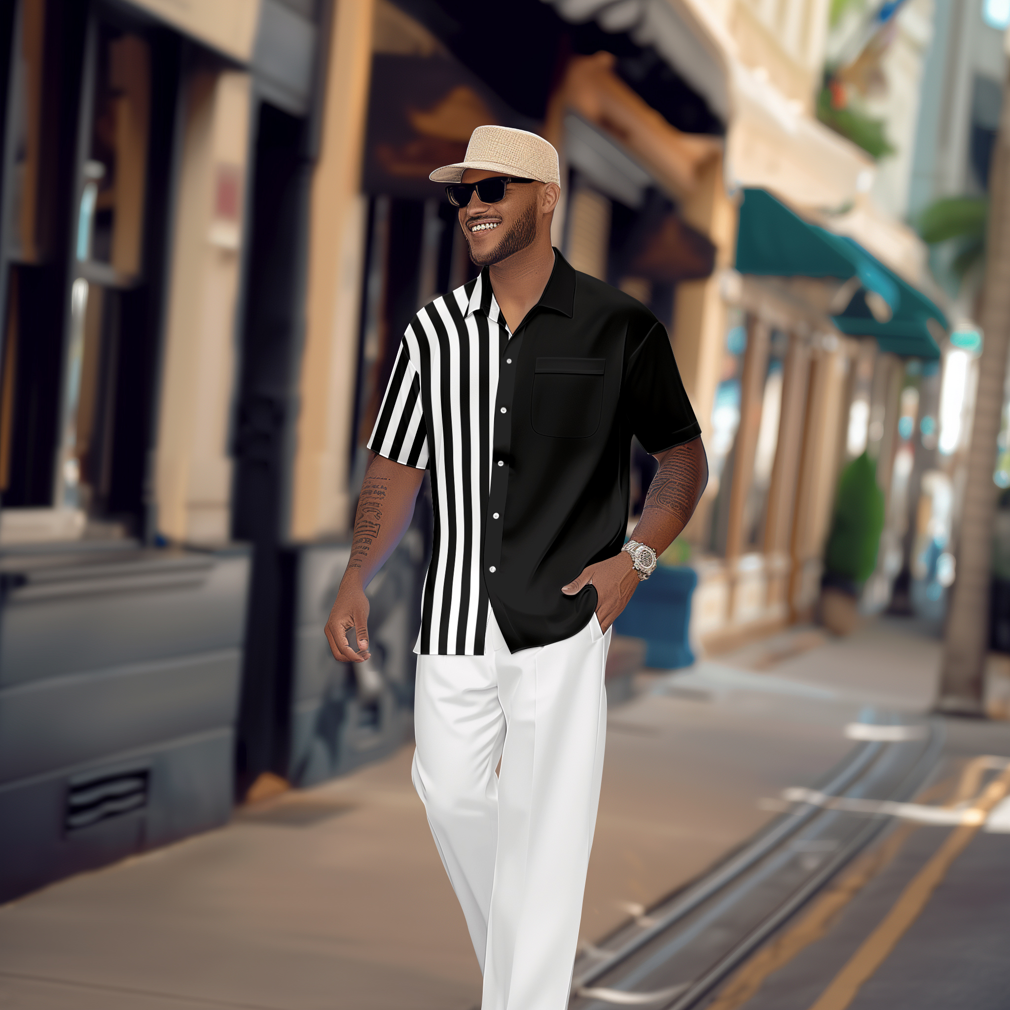 Camisa retro Colorblock de manga corta Walking Suit 1124 para hombre