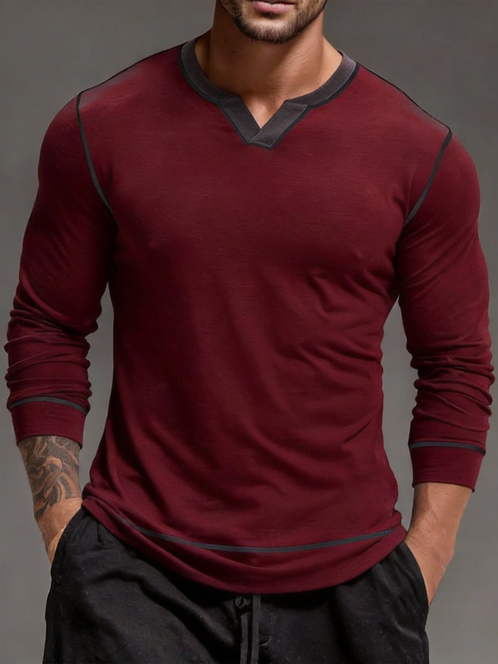Camiseta vintage Comfortable V-Neck de manga larga para hombre
