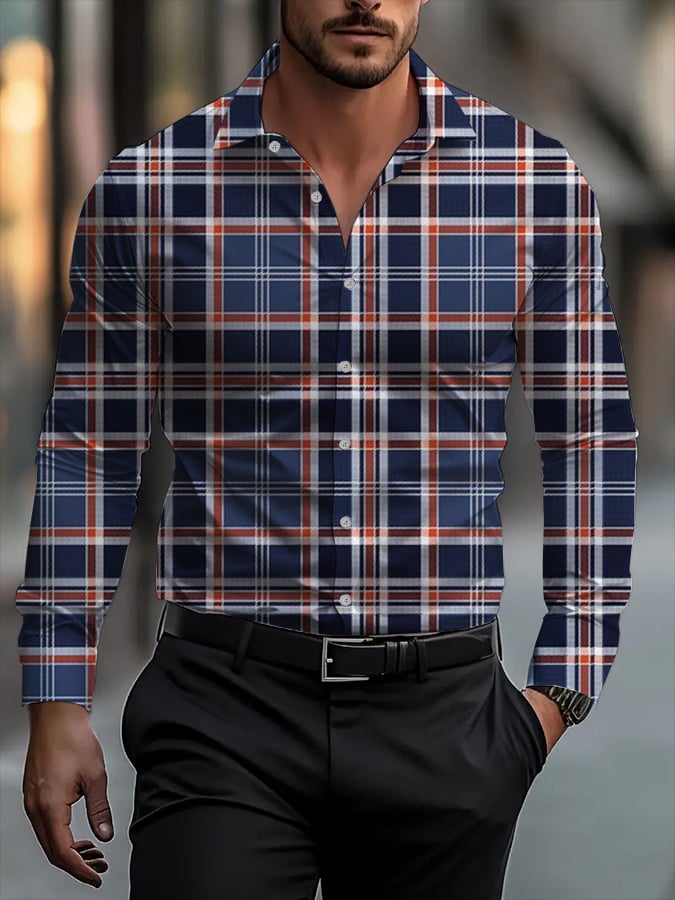 Camisa clásico ejecutivo a cuadros rayas estampado de manga larga para hombre