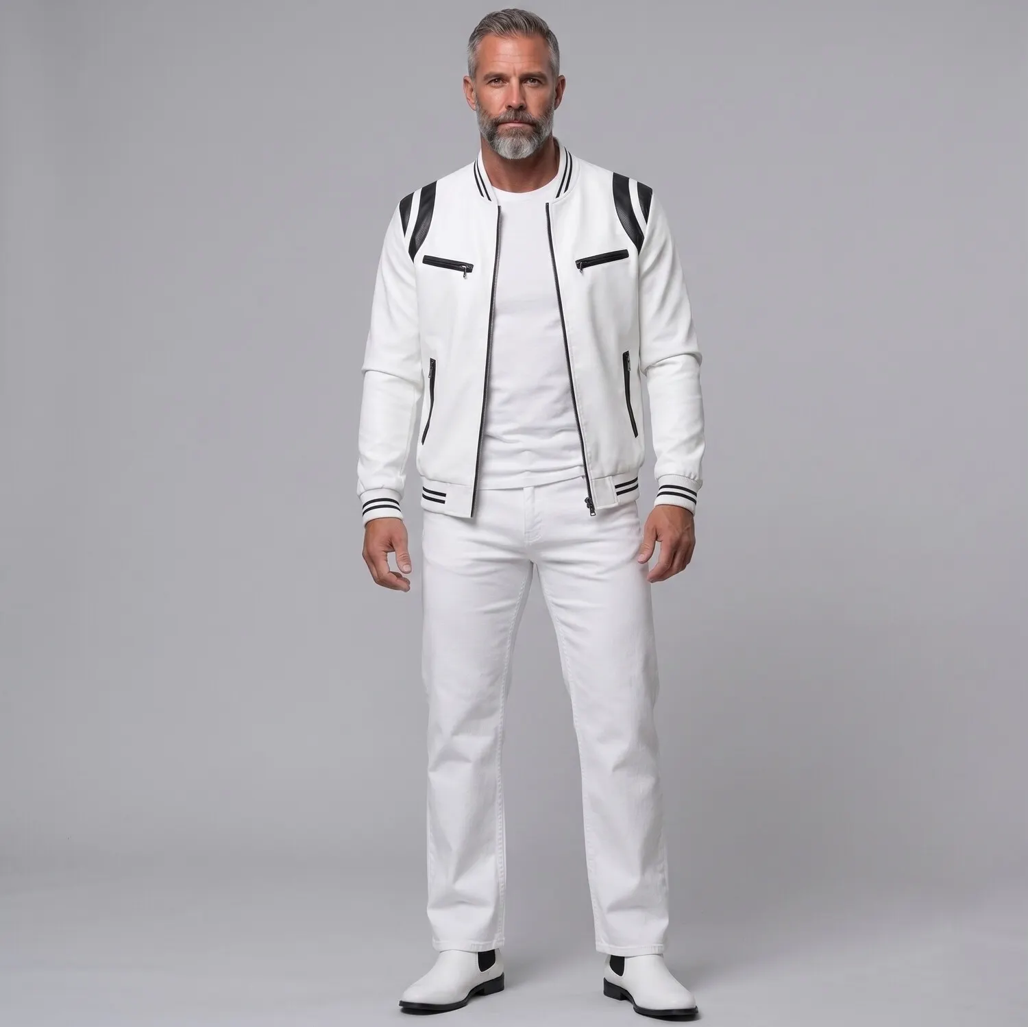 para hombre PU Leather Contrast Stripes Zipper Pockets Bomber chaqueta