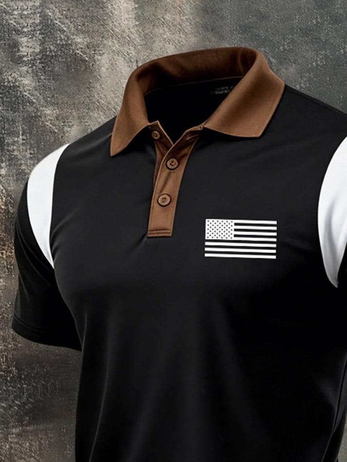 Retro Patriot en bloques de color Polo Collar de manga corta para hombre